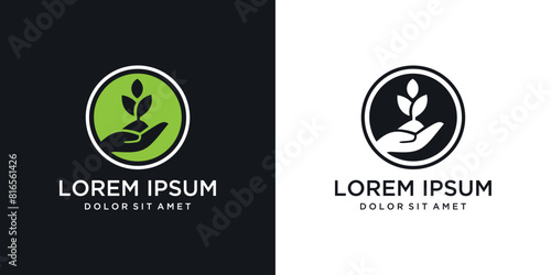 Modern and simple ecological circle Design template with hands and plants. environmental logo and the growth of life movement.