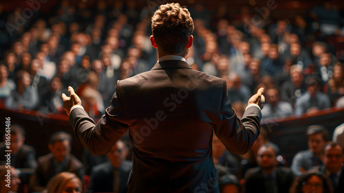 Dynamic Motivational Speaker Inspiring a Crowd with Positive Body Language and Powerful Public Speaking Skills in Event Setting