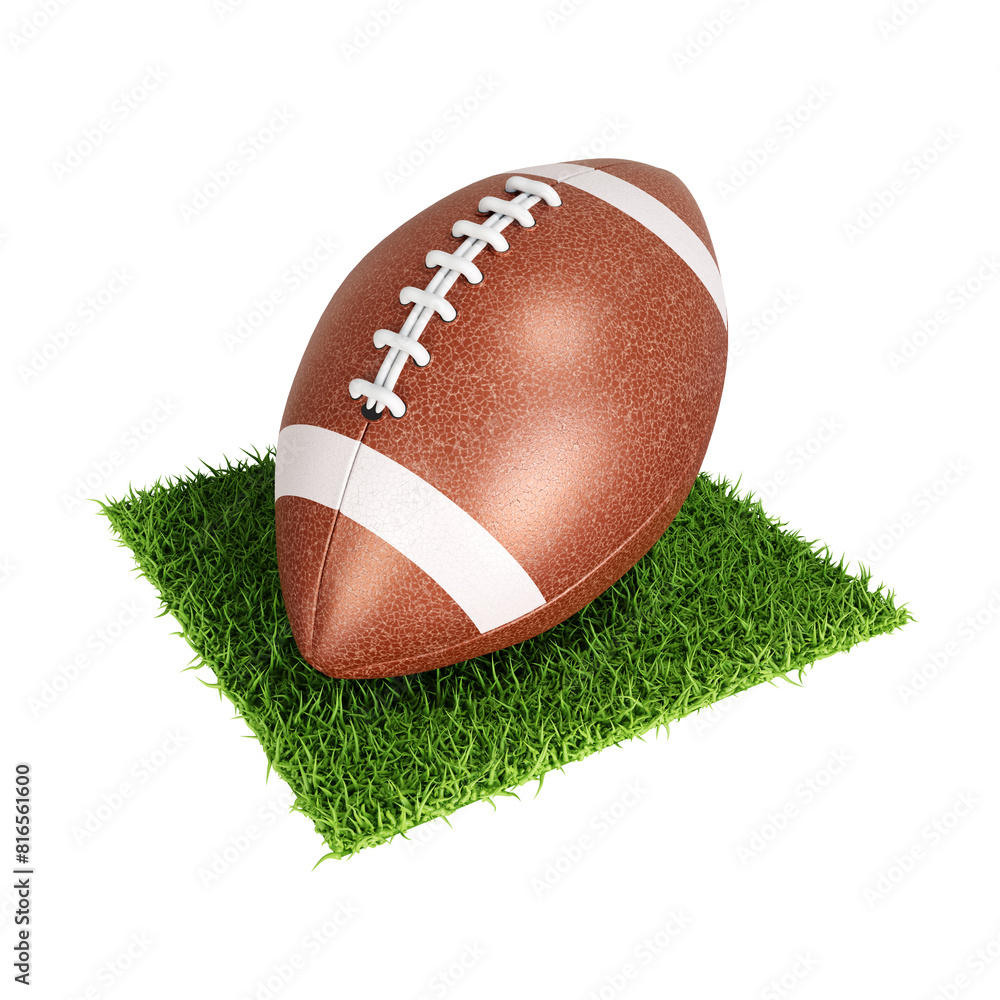 Obraz premium American football ball on green grass isolated on white background. Sport icon. 3d-rendering