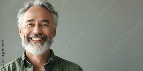 Mature man with grey hair and beard smiling against grey background. Concept Portrait Photography, Grey Background, Mature Man, Grey Hair, Smiling photo