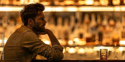 Man alone at bar battling depression and alcoholism lost in thought. Concept Depression, Alcoholism, Solitude, Reflection, Mental Health photo
