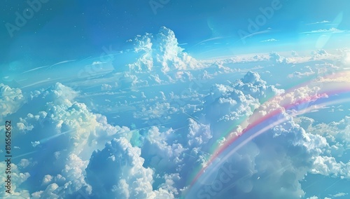 A rainbow in the blu sky above clouds
