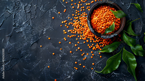 Composition with red lentils on dark background photo
