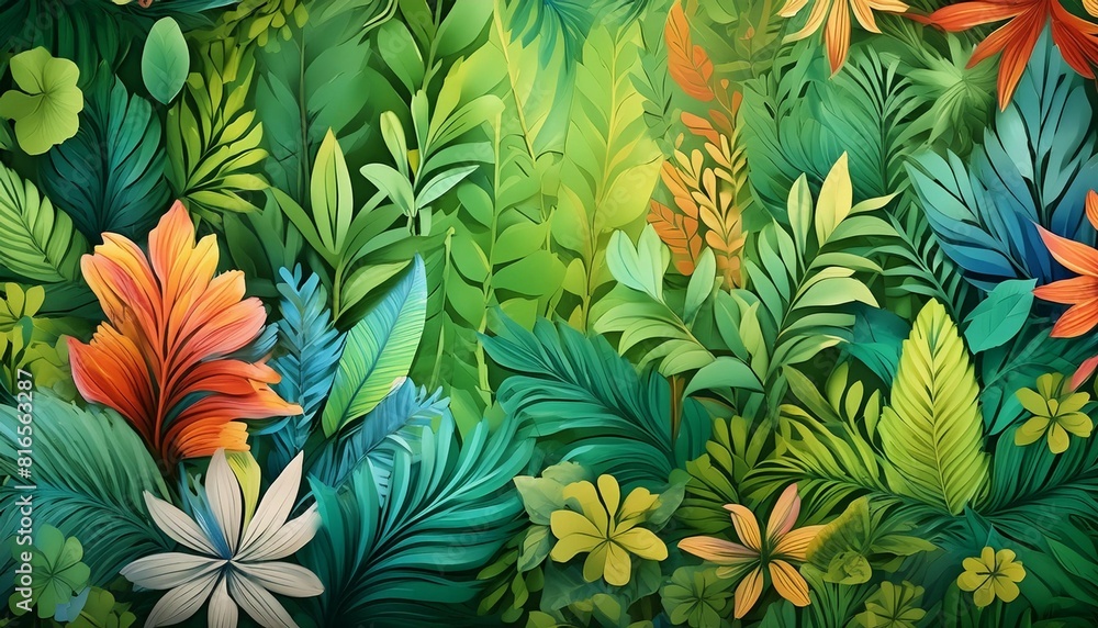 The abstract floral pattern on the wall adds a vibrant pop of color to the summer themed background resembling the texture of a lush green forest with leaves and trees