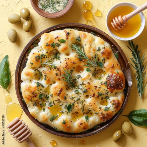 Top view of flat leavened ovenbaked italian focaccia bread in pan served with fresh green olives and honey in bowls on yellow background surface photo