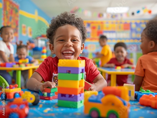 A preschool boy is playing with colorful plastic blocks in a classroom.