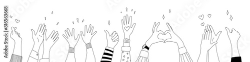 Doodle sketch hands up gestures comic icons silhouettes vector set. Group of line art fun comic hands in the air. Voting or happy congratulation audience recognition symbols. photo