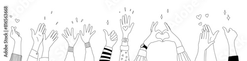 Doodle sketch hands up gestures comic icons silhouettes vector set. Group of line art fun comic hands in the air. Voting or happy congratulation audience recognition symbols.