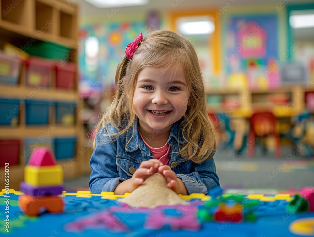 Little girl playing with blocks in preschool Little girl playing with blocks in preschool