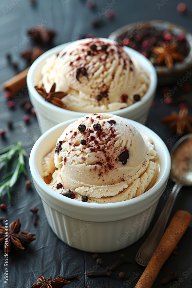 Two scoops of vanilla ice cream with chocolate chips and spices, perfect for a cozy and indulgent treat.