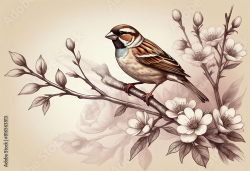 Sparrow bird finch perched on a branch with blooming flowers, sketch vintage illustration