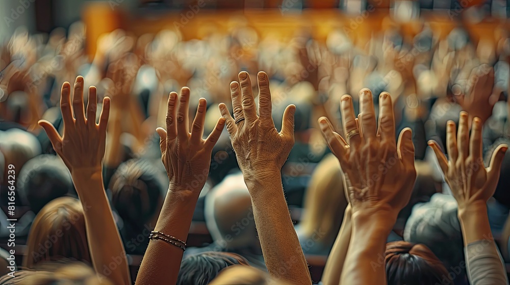 Business conference with audience raising hands Business conference with audience raising hands