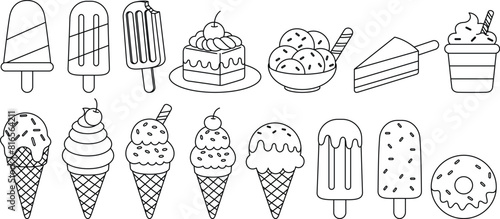 Set of ice cream outline doodle coloring page isolated on white background. Summer coloring book for kids