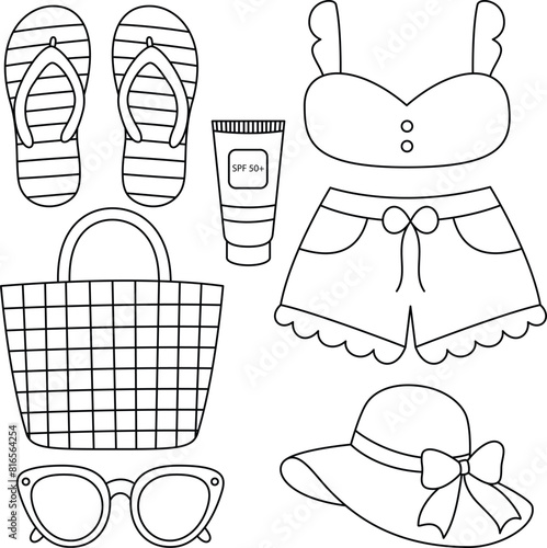 Set of fashion summer outline doodle coloring page isolated on white background. Summer coloring book for kids