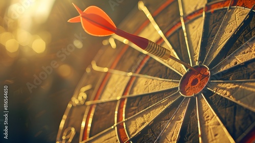 bullseye target or dart board has red dart arrow throw hitting the center of a shooting for business targeting and winning goals business concepts. photo