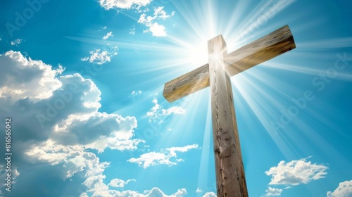 a cross in sun shining on the sky, in the style of wood, light sky-blue and light white, balanced asymmetry, AI Generative photo