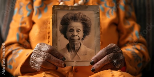 Elderly African American woman cherishing a vintage photo of her younger self. Concept Family Heritage, Generational Portraits, Nostalgic Reminiscence, Black History, Lifelong Memories photo