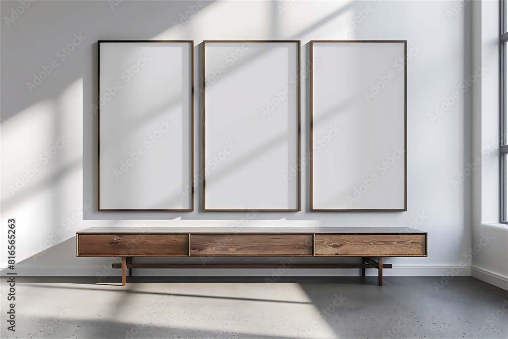 Mock Up three Poster Frame on the wall in minimalist interior living room with console table, luxury interior, 3d interior illustration.
Mock Up three Poster Frame on the wall in minimalist interior living room with console table, luxury interior, 3d interior illustration.