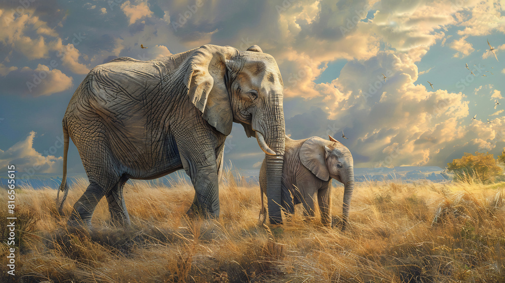 Fototapeta premium Maternal Bond Between Elephant and Calf