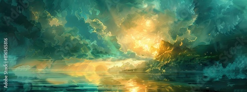 watercolor  digital art  fantasy landscape with golden light  river and sky 