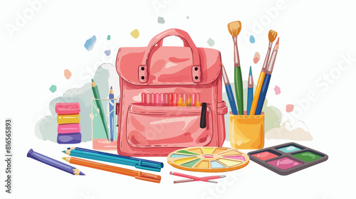 Pencil case paint palette and stationery on light background photo