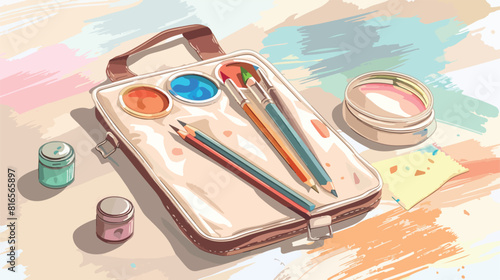 Pencil case paint palette and stationery on light background photo
