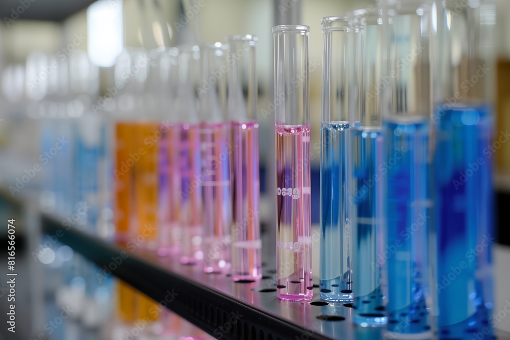 a row of test tubes filled with colored liquids on a shelf in a laboratory or lab room a row of test tubes filled with colored liquids on a shelf in a laboratory or lab room