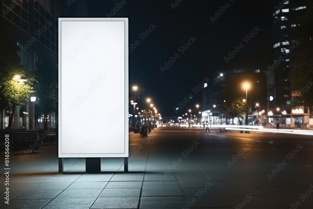 A Mockup of a blank white vertical advertising banner billboard stand on the city square at night. A Mockup of a blank white vertical advertising banner billboard stand on the city square at night.
