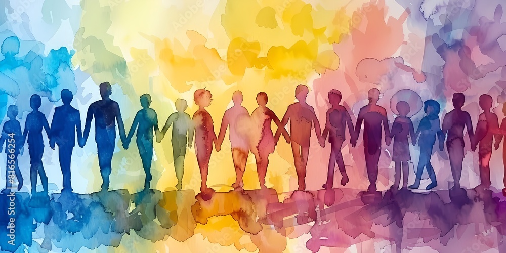 group of people standing in a line with a multicolored background behind group of people standing in a line with a multicolored background behind