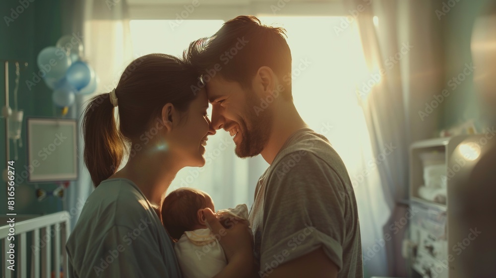 Obraz premium A happy couple hugs their newborn little baby in a hospital room, the woman and man became parents. Magical Moment: A family Embraces Their infant , Immersed in the Beauty of New Life