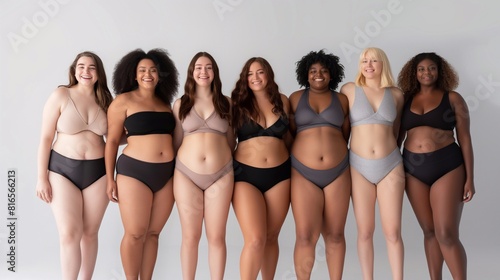 Women, body positivity and diversity, skin and weight in underwear. Difference of shape and size of female bodies. Fat, slim and collaboration, wellness and health with community and empowerment