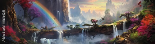 a beautiful landscape with a rainbow over a waterfall photo