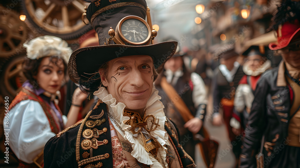A group of steampunk enthusiasts in detailed, vintage-inspired costumes, featuring intricate accessories and gears, participate in a lively event.