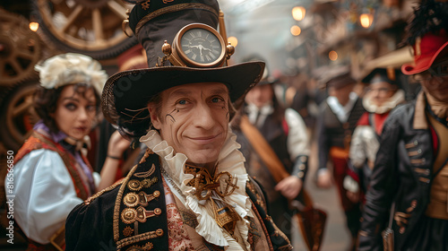 A group of steampunk enthusiasts in detailed, vintage-inspired costumes, featuring intricate accessories and gears, participate in a lively event.