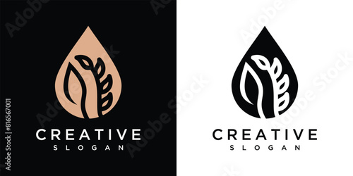 Natural Fresh Water Drops or droplets with leaves for natural beauty extract oil logo design
