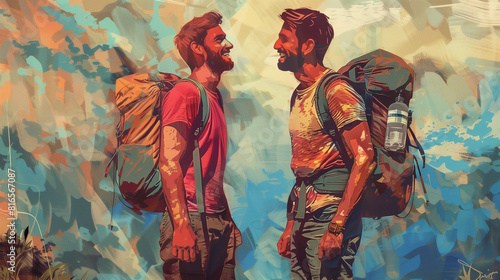 An adventurous portrait of a gay couple backpacking through a foreign country  their faces lit up with excitement and curiosity as they embark on a journey of discovery  portrait o