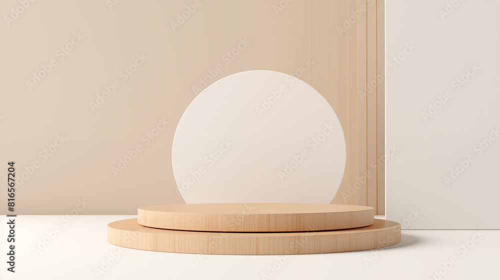 Geometric product display setup with wooden base and white circle, Concept of modern product presentation and minimalist design. Geometric product display setup with wooden base and white circle, Concept of modern product presentation and minimalist design.