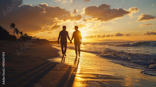 A romantic portrait of a gay couple holding hands as they walk along the beach at sunset  their silhouettes framed against the golden hues of the sky  portrait of a gay couple