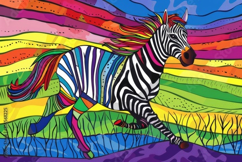 Cartoon cute doodles of a zebra with rainbow stripes prancing across a vibrant savanna  Generative AI