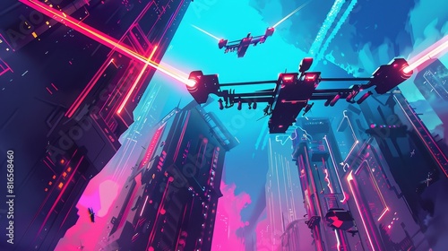 Vector art of air defense systems intercepting drones, shown in a futuristic, neondrenched cyberpunk style photo
