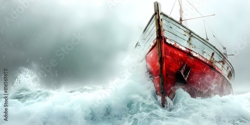 View of an old wooden ship from below in stormy sea with dramatic sky. Concept Stormy Seascape, Wooden Ship, Dramatic Sky, Nautical Adventure, View from Below