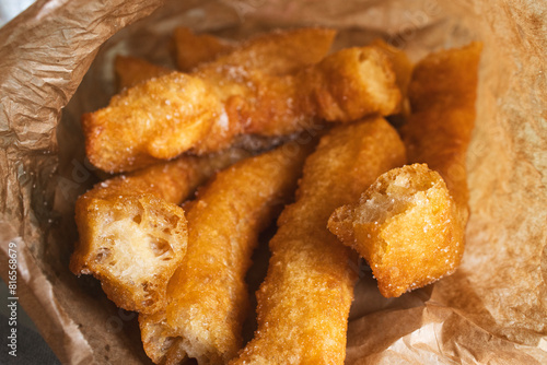 Close up of porra,similar to churros, is a classic Spanish breakfast consumed with hot chocolate or coffee with milk