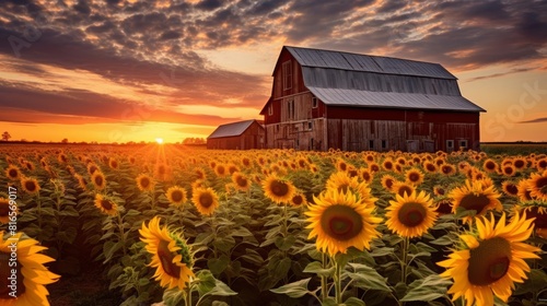 A beautiful sunflower field with a barn in the background