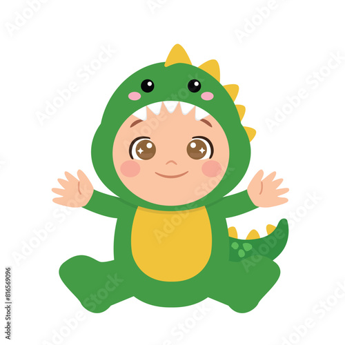 Cute baby boy in dinosaurs costume