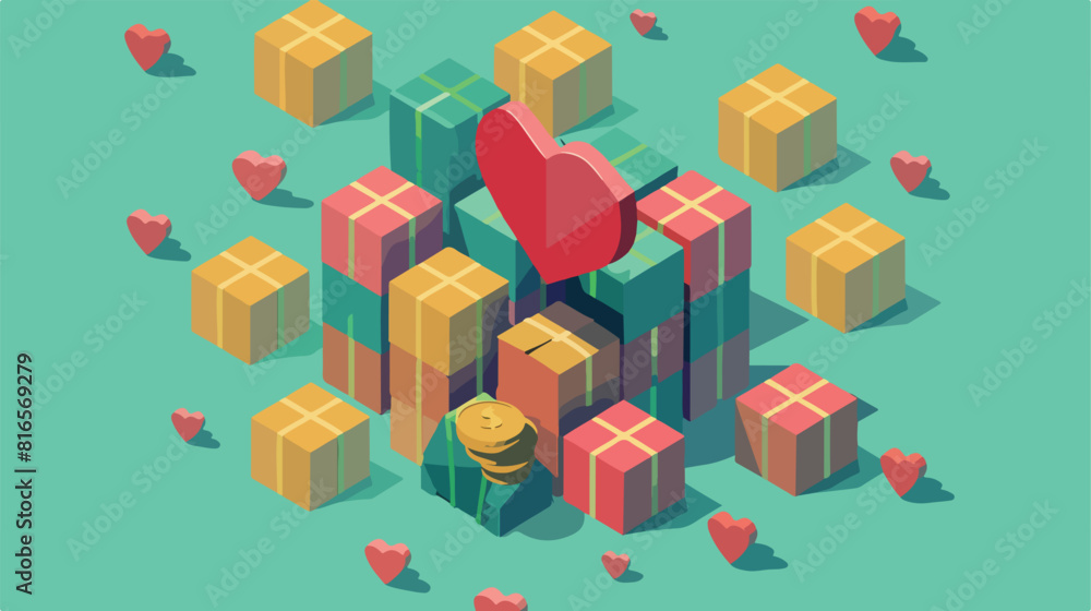 Pile boxes with heart and coins isometric style
