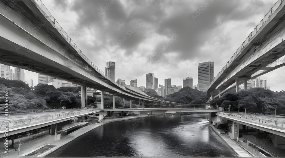 Symmetrical Overpass Going Over a River in Singapore. generative.ai Symmetrical Overpass Going Over a River in Singapore. generative.ai