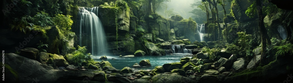 a beautiful waterfall in the middle of a green forest