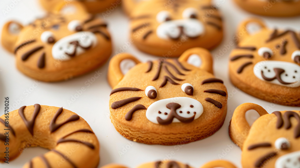 Cute cookies in shape of tiger for New Year 2022 on white