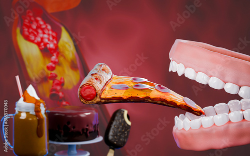 Gums and teeth, eat pizza and sweet foods. Junk food, high sugar or fat increases the risk of coronary artery blockage. Fats clog the arteries from high-fat foods. 3D Rendering