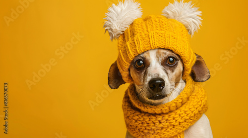Cute dog in warm hat on yellow background. Hello autum